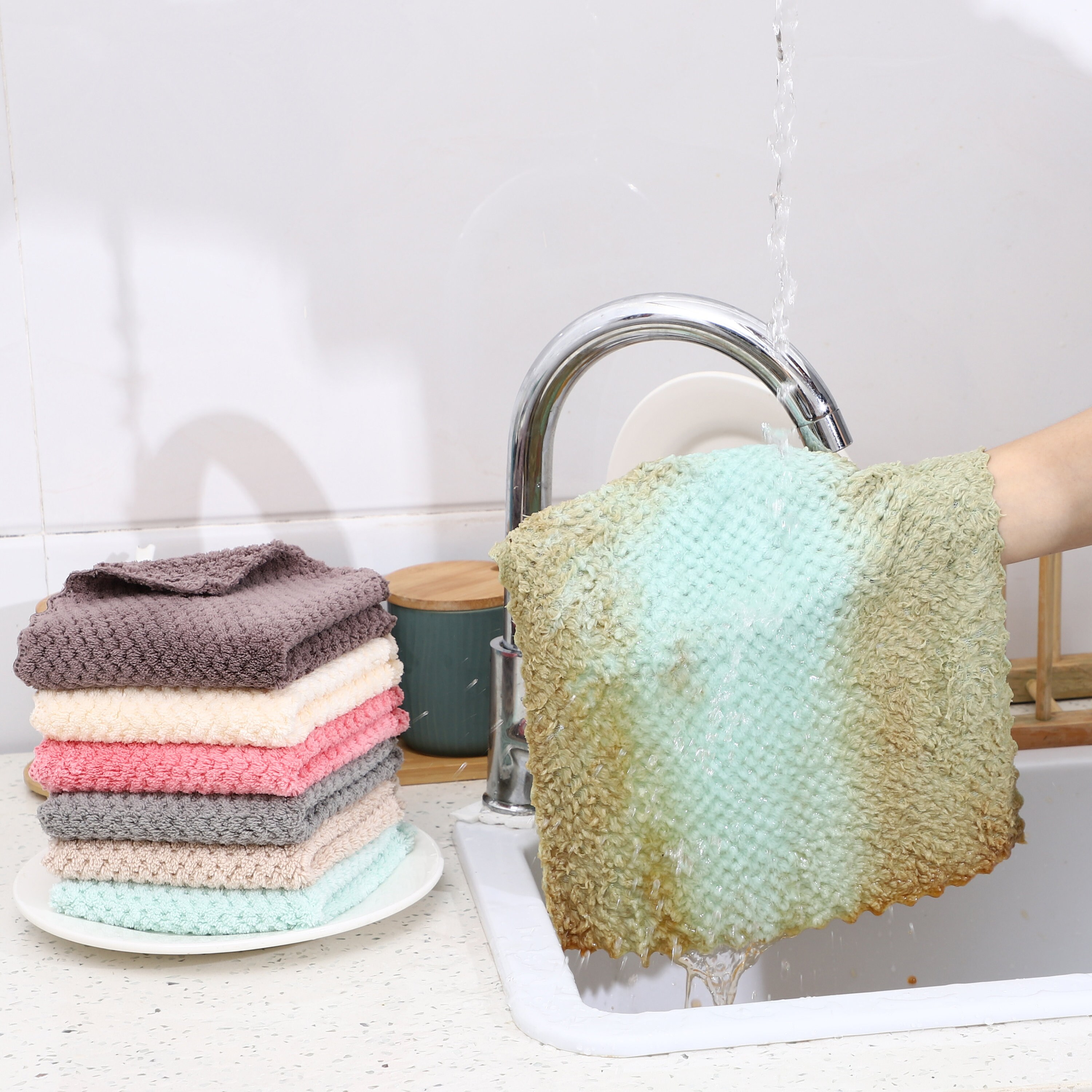 BUNDLE 6 PCS Reusable Waffle Weave Microfiber Cleaning Cloth 5 PCS Coral  Fleece Hand Face Towel Super Absorbent Paper Towel Replacement 