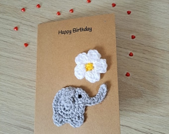 Crocheted Elephant Birthday Card with Flower: Handmade Personalized Card