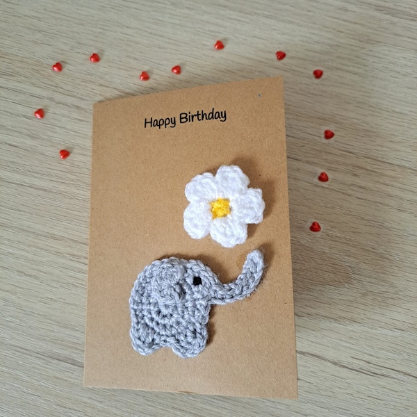 Crocheted Elephant Birthday Card with Flower: Handmade Personalized Card