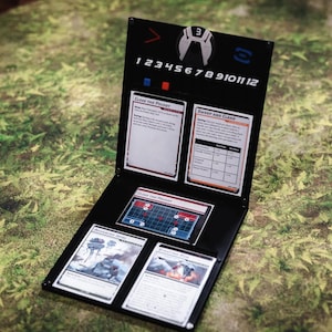 May include: A black and silver game board with a number track from 1 to 12. The board has a red and blue button, and three cards with text and a table. The cards are titled "Class the Planet" and "Deep And Close".
