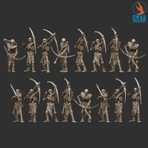 Könnte beinhalten: Eine Sammlung von Miniatur-Skelett-Bogenschützen, die jeweils einen Bogen und Pfeil halten. Die Figuren befinden sich in verschiedenen Posen, mit detaillierten Skelettstrukturen und dekorativer Rüstung. Die Miniaturen sind hellbraun und auf dunklem Hintergrund angeordnet.