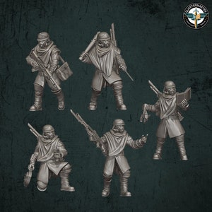May include: A set of grey miniature figures depicting post-apocalyptic soldiers. Each figure wears a helmet with a respirator, a long coat, and boots. Some figures are armed, while others carry tools or books. The Quartermaster logo is in the top right corner.