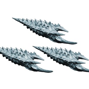 Könnte beinhalten: Drei graue, futuristisch aussehende Skulpturen mit einem stacheligen, geriffelten Design. Jede Skulptur hat eine spitze Front und mehrere kreisförmige Vertiefungen entlang der Oberseite. Die Objekte sind vor einem weißen Hintergrund platziert.