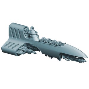 Könnte beinhalten: Ein futuristisches, hellgraues Raumschiffmodell mit stromlinienförmigem Design. Das Modell verfügt über mehrere Geschütztürme, detaillierte Motorkomponenten und eine strukturierte Oberfläche. Die Gesamtästhetik deutet auf ein Science-Fiction- oder Fantasy-Thema hin.