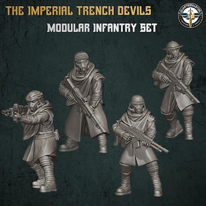 Könnte beinhalten: Vier graue Miniaturfiguren von Soldaten in futuristischen Uniformen, die jeweils ein Gewehr halten. Die Figuren tragen Helme und Gasmasken. Der Text oben lautet "THE IMPERIAL TRENCH DEVILS" und "MODULAR INFANTRY SET". Ein Logo befindet sich oben rechts.