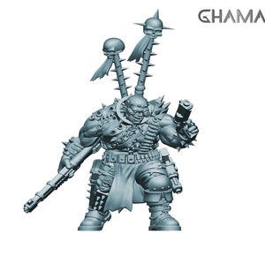 May include: A grey 3D-printed miniature figure of a muscular warrior, armed with a rifle and pistol. The figure is adorned with spikes, skulls, and armour, and is posed in a dynamic stance. The figure is a fantasy or sci-fi character.