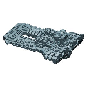 Könnte beinhalten: Graues, 3D-gedrucktes Modell eines futuristischen Raumschiffs. Das Modell weist komplizierte Details auf, darunter verschiedene zylindrische und kugelförmige Strukturen sowie rechteckige und geometrische Formen. Das Design deutet auf eine komplexe, mechanische Ästhetik hin.