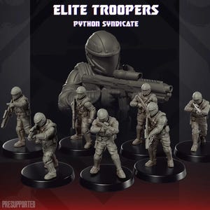 May include: A collection of grey miniature soldier figures in futuristic armour, holding rifles. The figures are on black circular bases. The text "ELITE TROOPERS" and "PYTHON SYNDICATE" are at the top of the image.