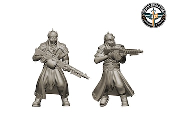 Guardianes del Culto Cobra con ametralladoras (2 miniaturas) | p. ej., como pandilleros de la Guerra de la Colmena Necrótica en los Desiertos de Ceniza, Stargrave y los Cinco Parsecs