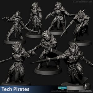 Könnte beinhalten: Eine Sammlung detaillierter, grauer Miniaturfiguren von gepanzerten Kriegern, die jeweils Waffen tragen. Die Figuren stehen auf kreisförmigen Sockeln, mit aufwendigen Rüstungsdesigns und Helmen. Der Text "Tech Pirates" ist unten.