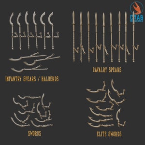 Könnte beinhalten: Eine Auswahl an Miniaturwaffen, darunter Infanteriespeere/Hellebarden, Kavalleriespeere, Schwerter und Eliteschwerter. Die Waffen sind hellmetallfarben und vor einem dunklen Hintergrund angeordnet. Der Text "Crab Miniatures" befindet sich oben rechts.