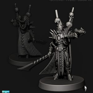 Könnte beinhalten: Detaillierte 3D-gedruckte Miniatur eines Tech Elf Piratenanführers. Die Figur ist mit einer verzierten Rüstung mit stacheligen Akzenten, einem Umhang und einer Waffe bekleidet. Die Miniatur hat ein futuristisches Design mit einem Schädel auf dem Kopf. Die Figur steht auf einem runden Sockel.