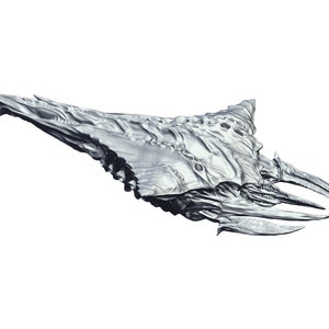 May include: A detailed, grayscale illustration of a futuristic, organic-looking spacecraft. The design features a textured surface with sharp edges and a beak-like structure at the front, suggesting a bio-mechanical aesthetic. The craft is set against a white background.