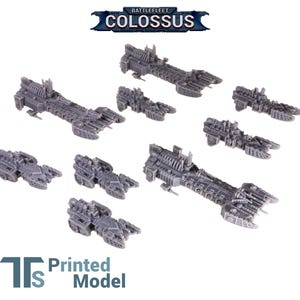 May include: A collection of eight grey resin miniature starships, including three large capital ships and five smaller escort vessels. The text BATTLEFLEET COLOSSUS appears at the top, and the text TS Printed Model appears at the bottom left.
