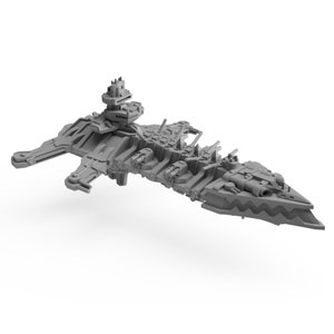 Könnte beinhalten: Graues, detailliertes Modell eines futuristischen Kriegsschiffs. Das Schiff verfügt über mehrere Türme, eine markante Brückenstruktur und aufwendige Designelemente. Der Rumpf des Schiffs hat am Bug ein gezacktes, zahnähnliches Aussehen.