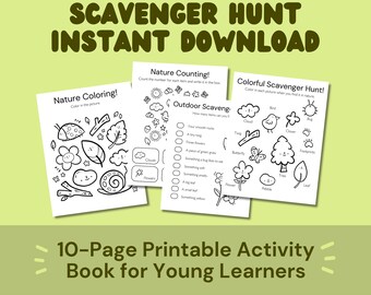 May include: A printable activity book for young learners featuring nature-themed coloring, counting, and scavenger hunt activities. The book includes pages with black and white illustrations of flowers, bugs, trees, and other nature elements.
