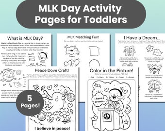 May include: Five printable activity pages for toddlers to learn about Martin Luther King Jr. Day. The pages include a color by number activity, a matching game, a peace dove craft, and two pages with text about Martin Luther King Jr. and his dream.