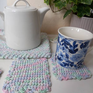 Pastel shades crochet hot pad and coaster set, paste hot pad, pastel coasters, tea accessories