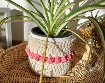 basket crochet home décor plant pot holder cream and pink pot holder crochet gifts plant cover