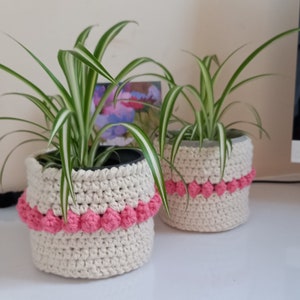 basket crochet home décor plant pot holder cream and pink pot holder crochet gifts plant cover