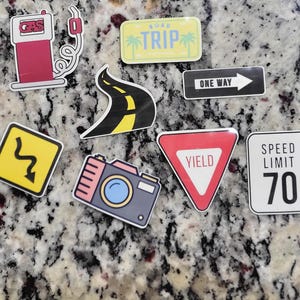 Road Trip Sticker Pack | Travel Scrapbook Stickers | Road Signs,Adventure Icons | Cute Gas Pump, Yield, Speed Limit, and More