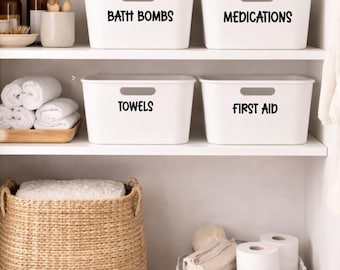 Bathroom Organization Vinyl Labels - 6 White Waterproof & Stylish Labels