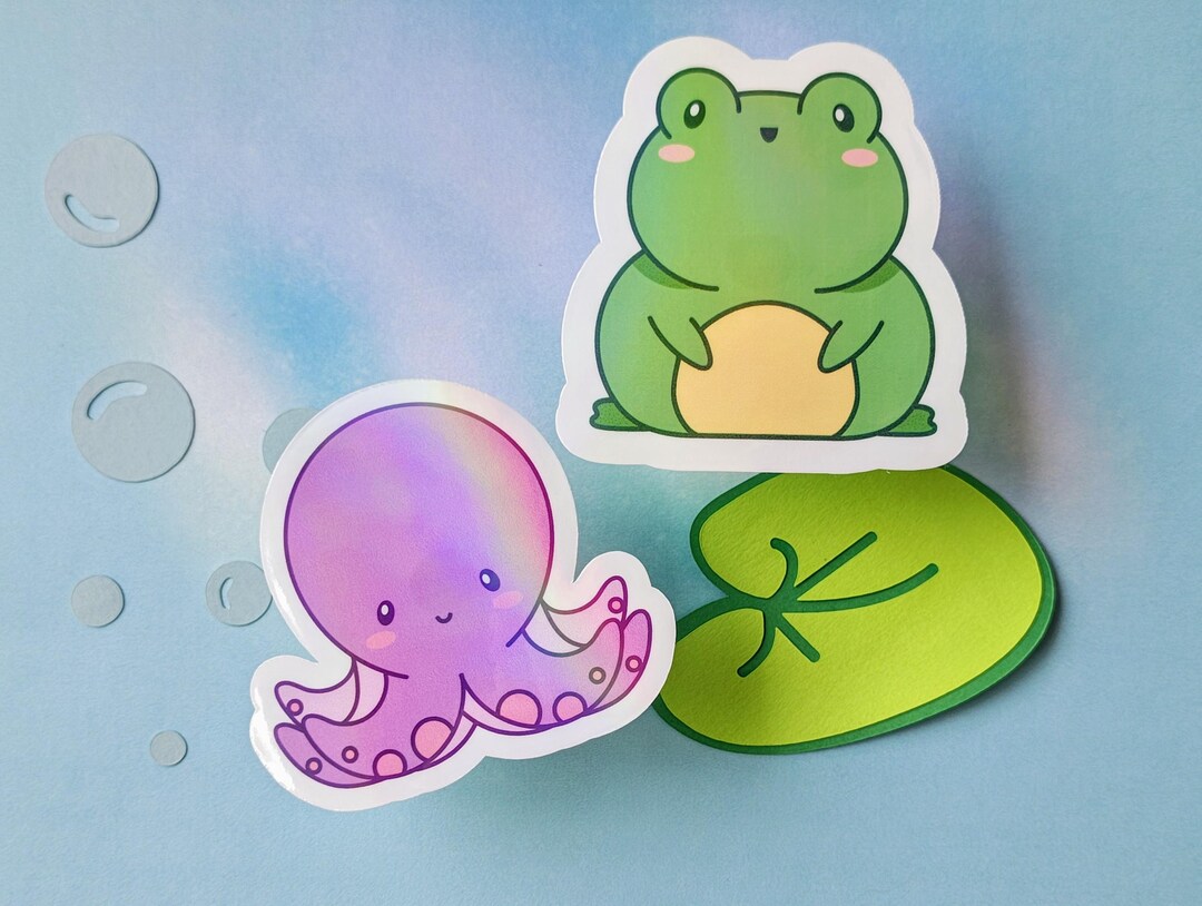 Kawaii Holographic Frog and Octopus Sticker Duo - 3" Vinyl Decals - Etsy