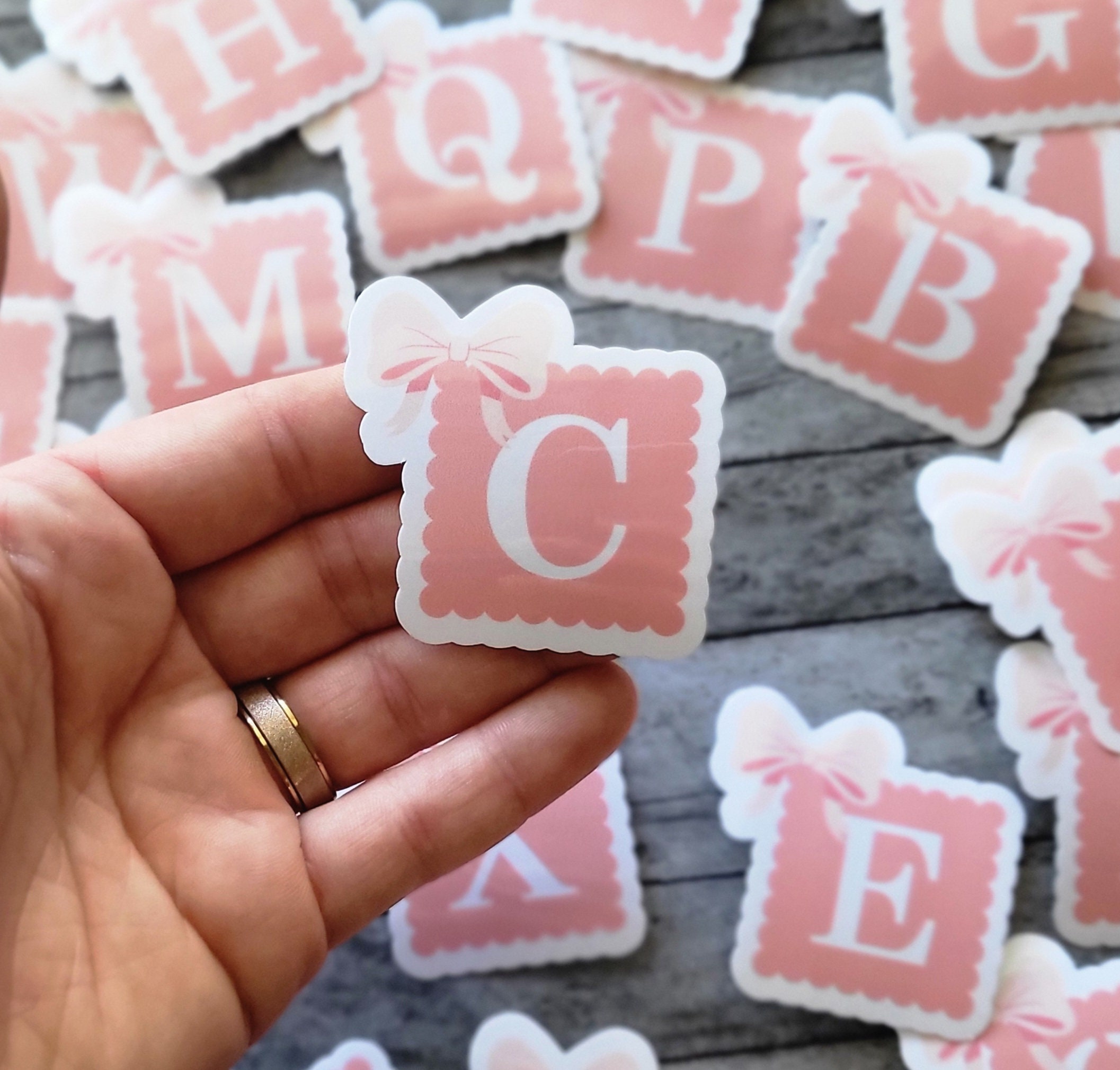 Initial Sticker Chic Pink Initial Vinyl Sticker – Scalloped Monogram Decal With Bow - Etsy