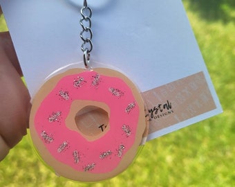 Donut Keychain | Pink Donut with Silver Glitter Sprinkles Keychain | Glitter Donut Sprinkles