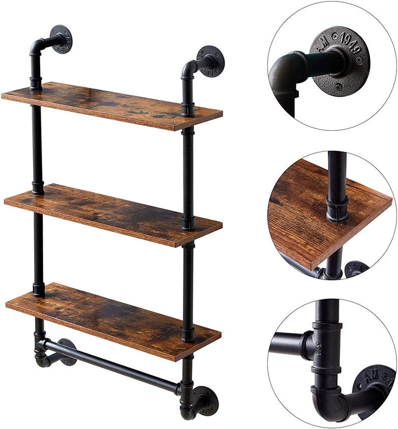3tier Industrial Pipe Wall Mount Shelves Rustic Storage Etsy