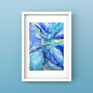 A4 | Original Alcohol Ink Painting | Blue Turquoise Grey | Gold | Dreamy | Abstract Art | Wall Art | Home Decor | Art For Home | Marble Art