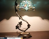 Tiffany Lamp - Bedside Lamp with Stained Glass Shade, Sea Blue Dragonfly Table Lamp with Antique Metal Leaf Thin Base for Small Space