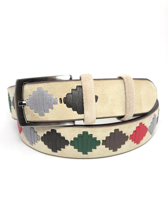 3,5 cm Diamond Pattern Suede Beige Belt, Lozenge Pattern, Handmade, Ethnic  Belt, Groomsmen Gift, Colorful, Custom Belt, gd300 02