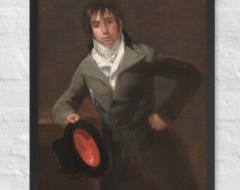 May include: A painting of a man in a gray coat and black hat, standing with his hand in his pocket. He is wearing a white cravat and has a serious expression on his face.