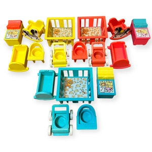 May include: A set of 13 vintage Fisher-Price Little People toys, including a crib, a rocking horse, a stroller, a high chair, and a playpen. The toys are all in bright colors, including yellow, blue, red, and green.