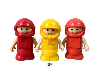 Vintage Playskool Lil’ Playmates Set of 3 Astronauts / Race Car Drivers, Red & Yellow Helmets 1980s Figures