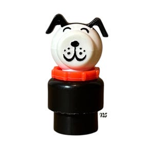 Vintage Fisher Price Little People Dog | Black & White Pup with Red Collar | Short Base Figure | 1970s Replacement for Playsets