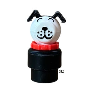 Vintage Fisher Price Little People Dog | Black & White Pup with Red Collar | Short Base Figure | 1970s Replacement for Playsets