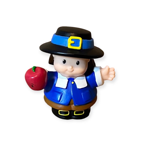 Fisher Price Little People Blue Pilgrim Boy Man with Apple Blue Outfit Plastic Toy for Thanksgiving Celebration Set Replacement Parts