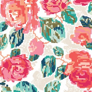 May include: A white background with a repeating pattern of pink, red, and green flowers. The flowers are stylized and look like they are made of pixels.