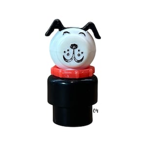 Vintage Fisher Price Little People Dog | Black & White Pup with Red Collar | Short Base Figure | 1970s Replacement for Playsets