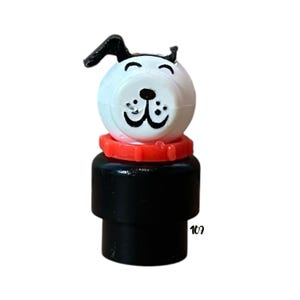Vintage Fisher Price Little People Dog | Black & White Pup with Red Collar | Short Base Figure | 1970s Replacement for Playsets