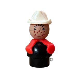 Vintage Fisher Price Little People Fireman Figure – Wood Body Red Arms Black Base White Helmet – #720 Fire Engine 1969 1970s HTF Toy