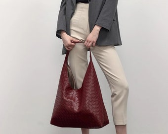 Large Leather Hobo Bag, Vegan Leather Shoulder bag, Kont Woven Bag, Knot Woven Bag, Vintage bag, Leather Purse, Sardine Shoulder Bag