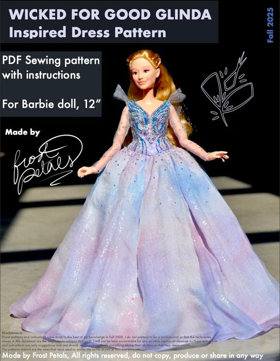 barbie dress patterns PDF Instructions and Sewing Pattern, Wicked for Good Glinda, Inspired Doll (barbie 12