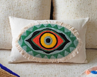 Ivory Green Aari Embroidered Handmade Cushion Cover Decorative Textured Boho 12x20, 14x20 Evil Eye Throw Pillow Cover