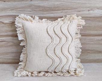 Cream/Off White Braided Rope Embroidered Cotton Textured Fringes Boho Cushion Cover 18x18 Inches Throw Pillow Case