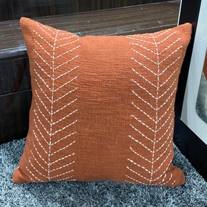 Terracotta Red Raw Hand Dyed Cotton Hand Kantha Embroidered  Boho Cushion Cover 16x16, 18x18, 20x20, 22x22 Inches Textured Throw Pillow Case