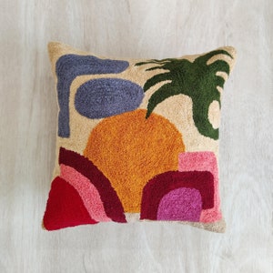 Cream Orange And Multi Color Aari Embroidered Decorative Textured Boho Throw Pillow Cover, Hand Embroidered Pillows, Cushion Covers