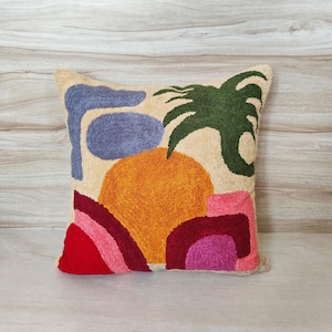 Cream Orange And Multi Color Crewel Embroidered (Aari Embroidery) Handmade Decorative Boho Throw Pillow Cover